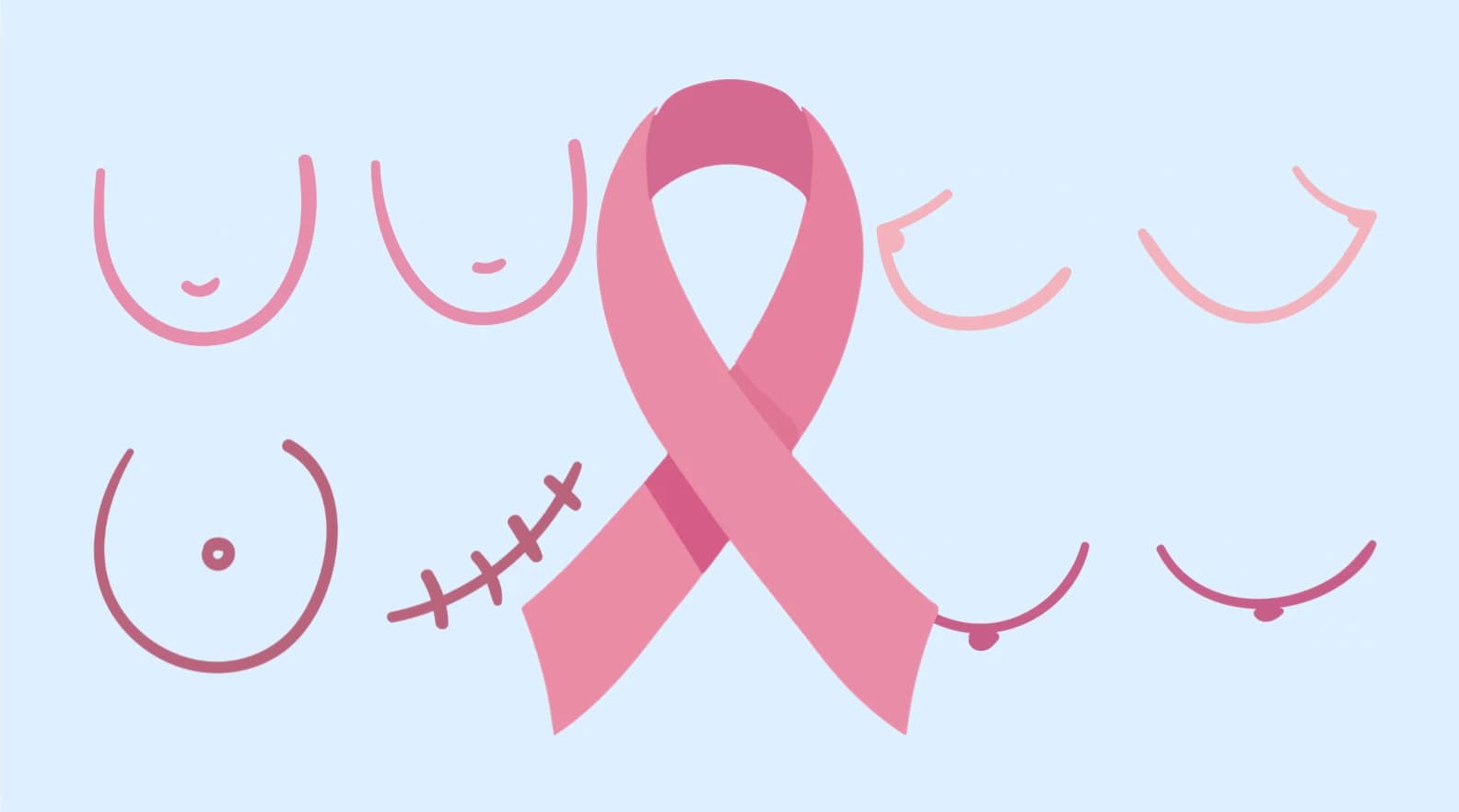 Pink breast cancer awareness ribbon surrounded by line drawings of different breast shapes, including a mastectomy scar