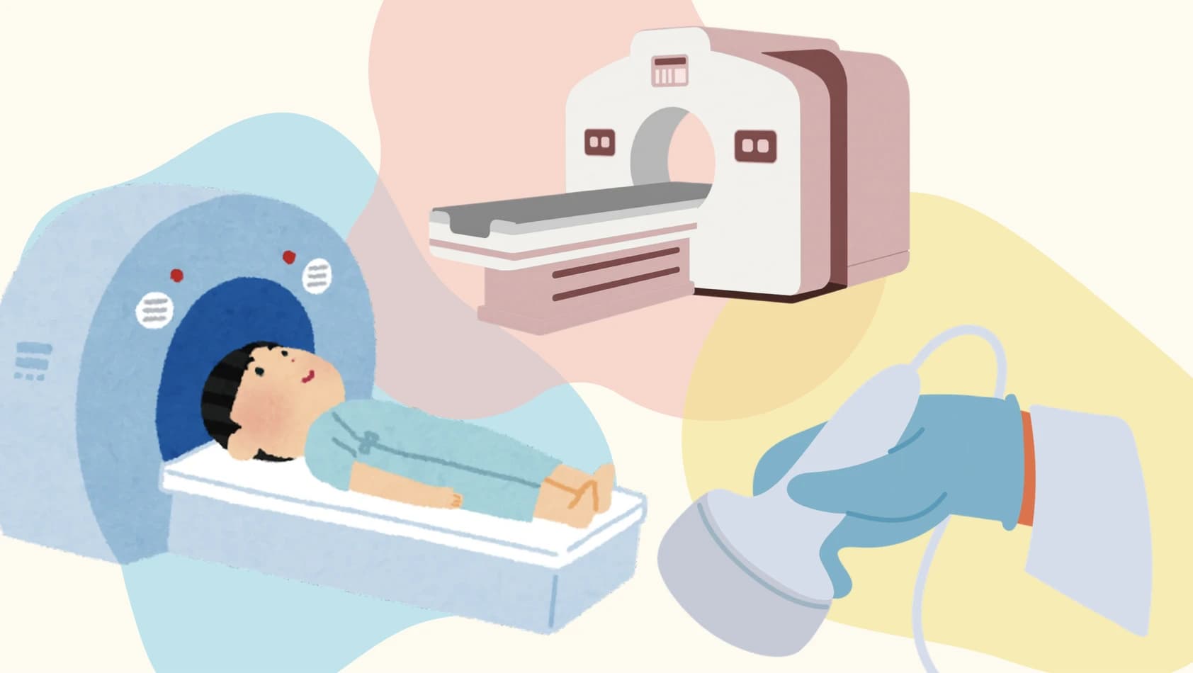 Illustration of an MRI scanner, a CT scanner, and a handheld ultrasound probe