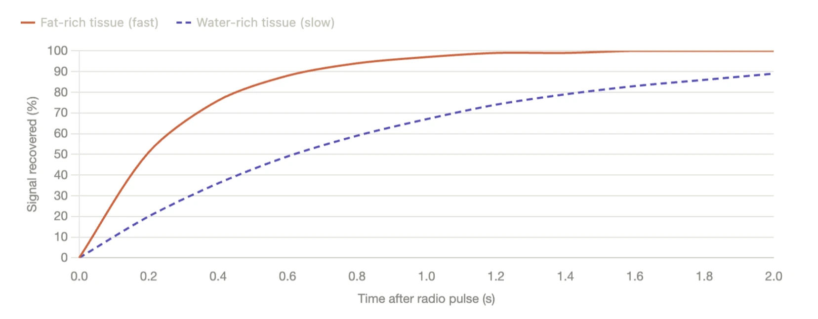 Line graph comparing signal recovery over time after a radio pulse for fat-rich tissue versus water-rich tissue